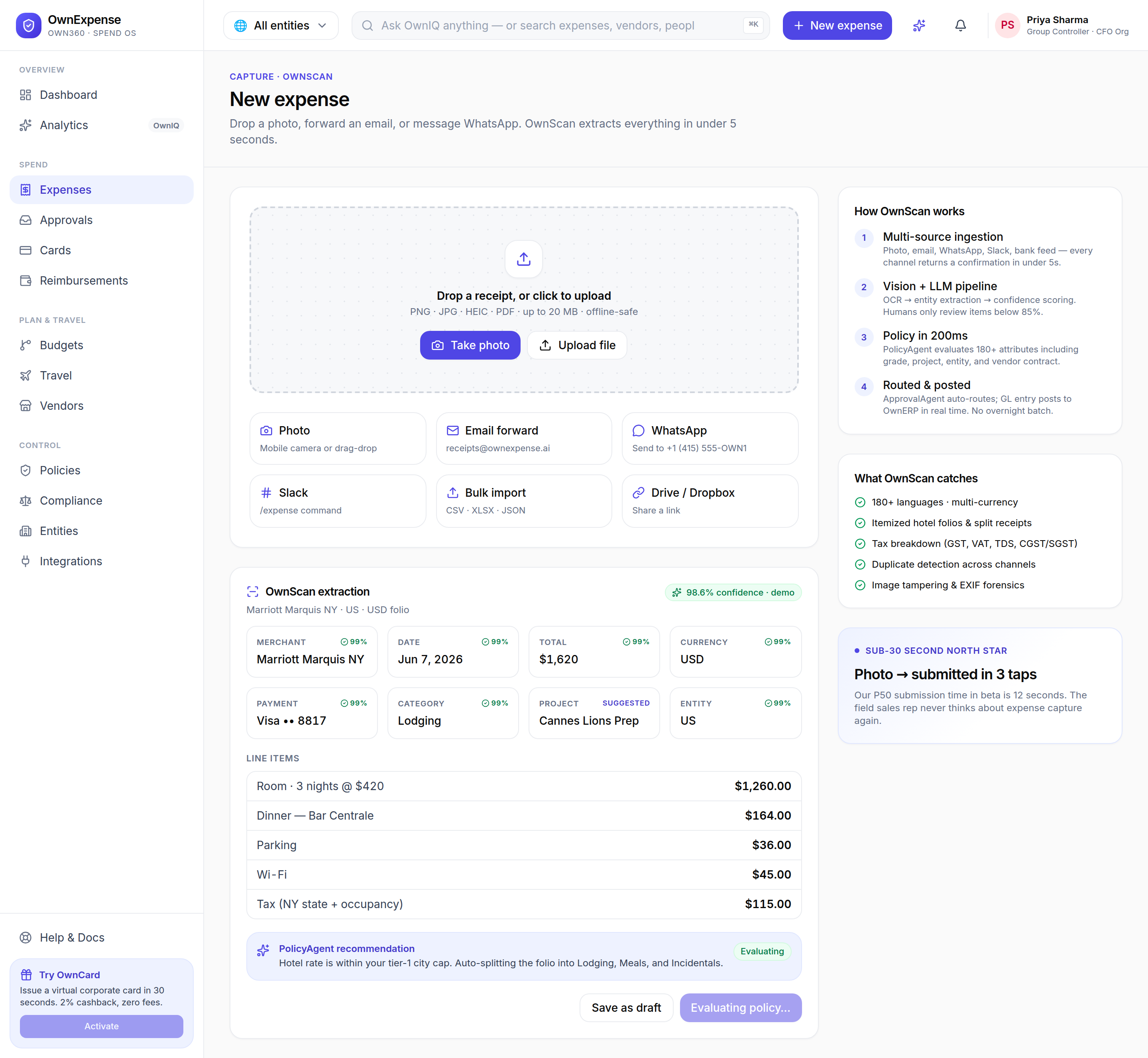 The New expense screen is the main in-app AI surface: OwnScan capture on the left, the live PolicyAgent recommendation below the extracted fields, and the OwnScan explainer on the right.