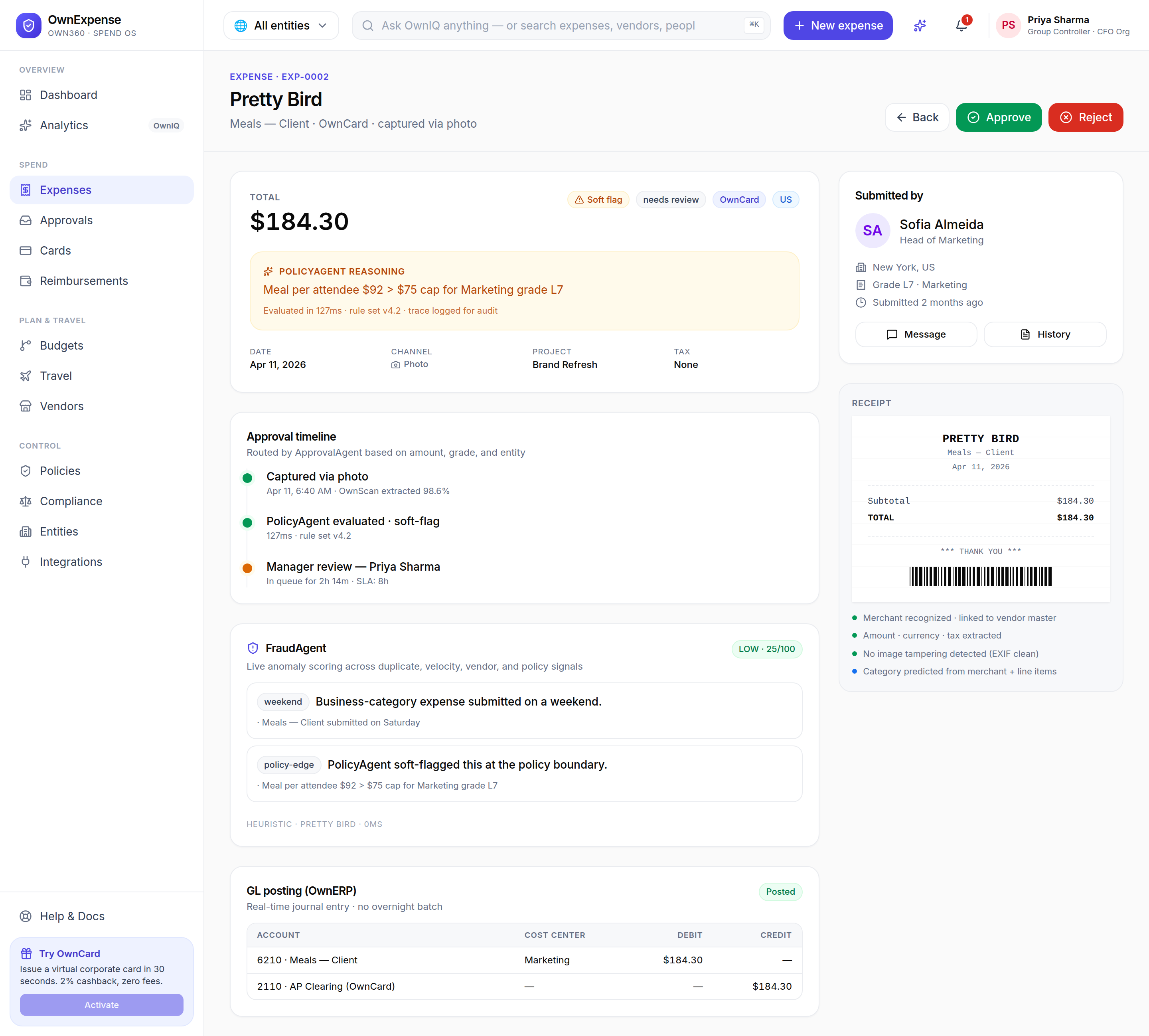 An expense detail showing several agents at once: PolicyAgent reasoning, the ApprovalAgent-routed timeline, FraudAgent anomaly scoring, and the posted GL entry.