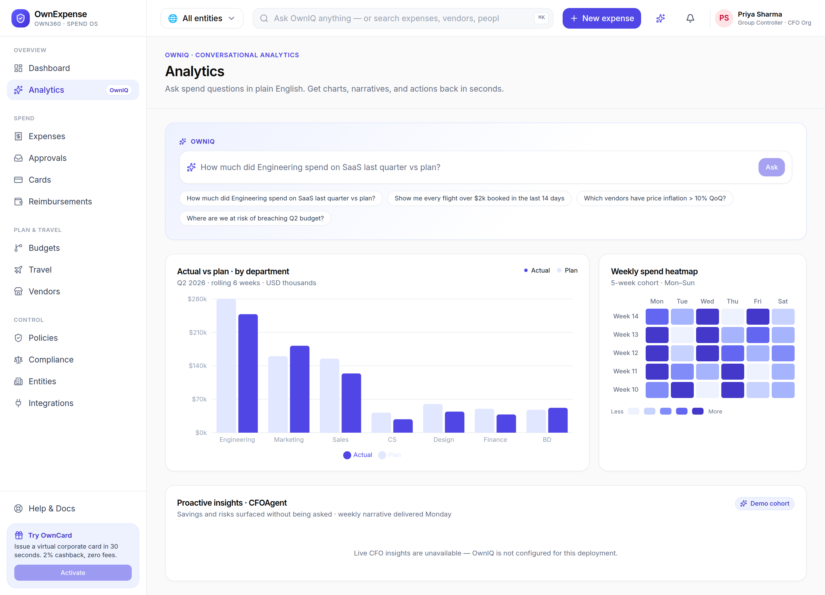 Analytics: a natural-language ask box, actual-vs-plan by department, the weekly spend heatmap, and CFOAgent insights.