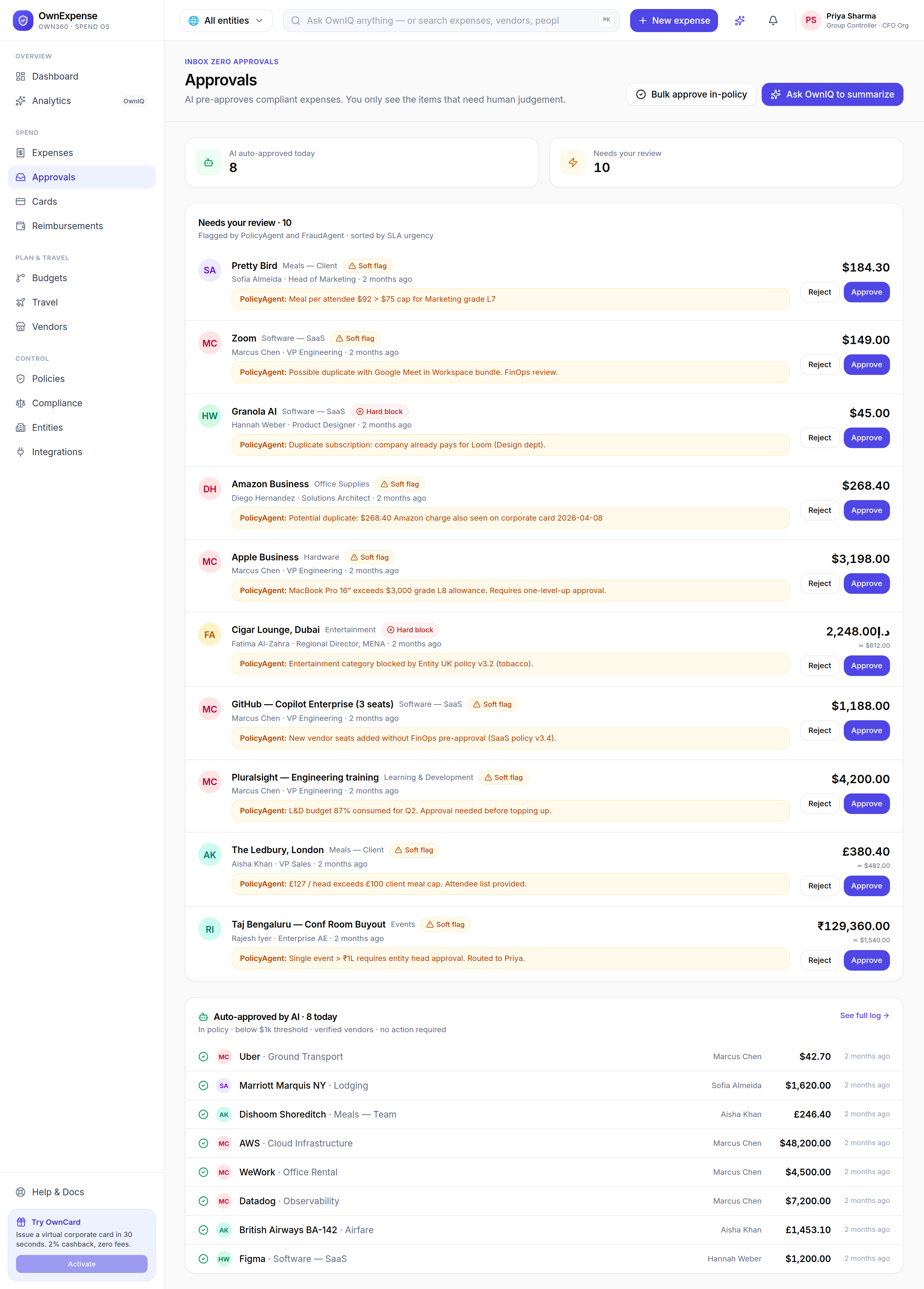 Approvals: auto-approved vs. needs-review stats, and the queue of flagged expenses to act on.