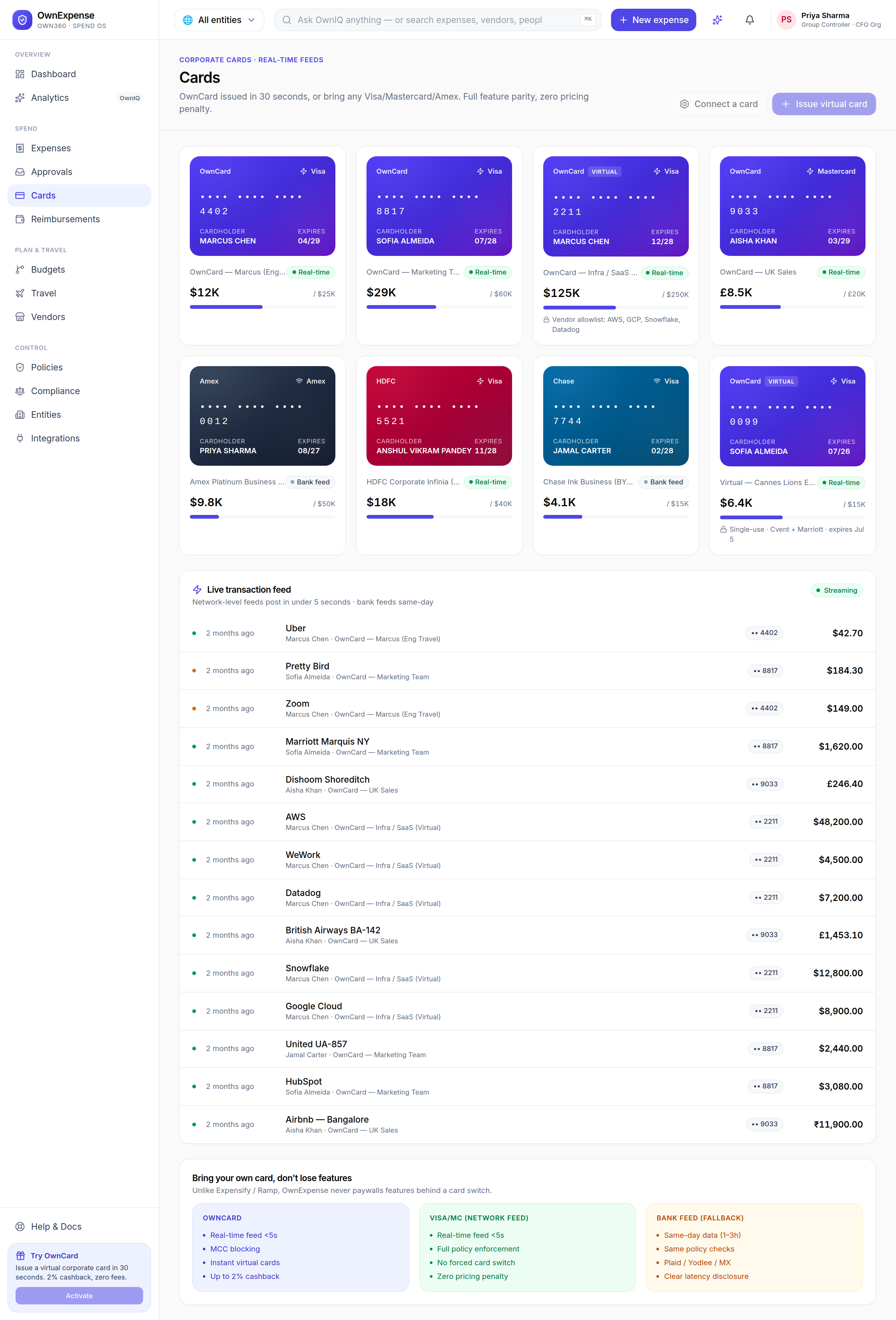 Cards: issue an OwnCard or bring your own card, with each card's recent activity.