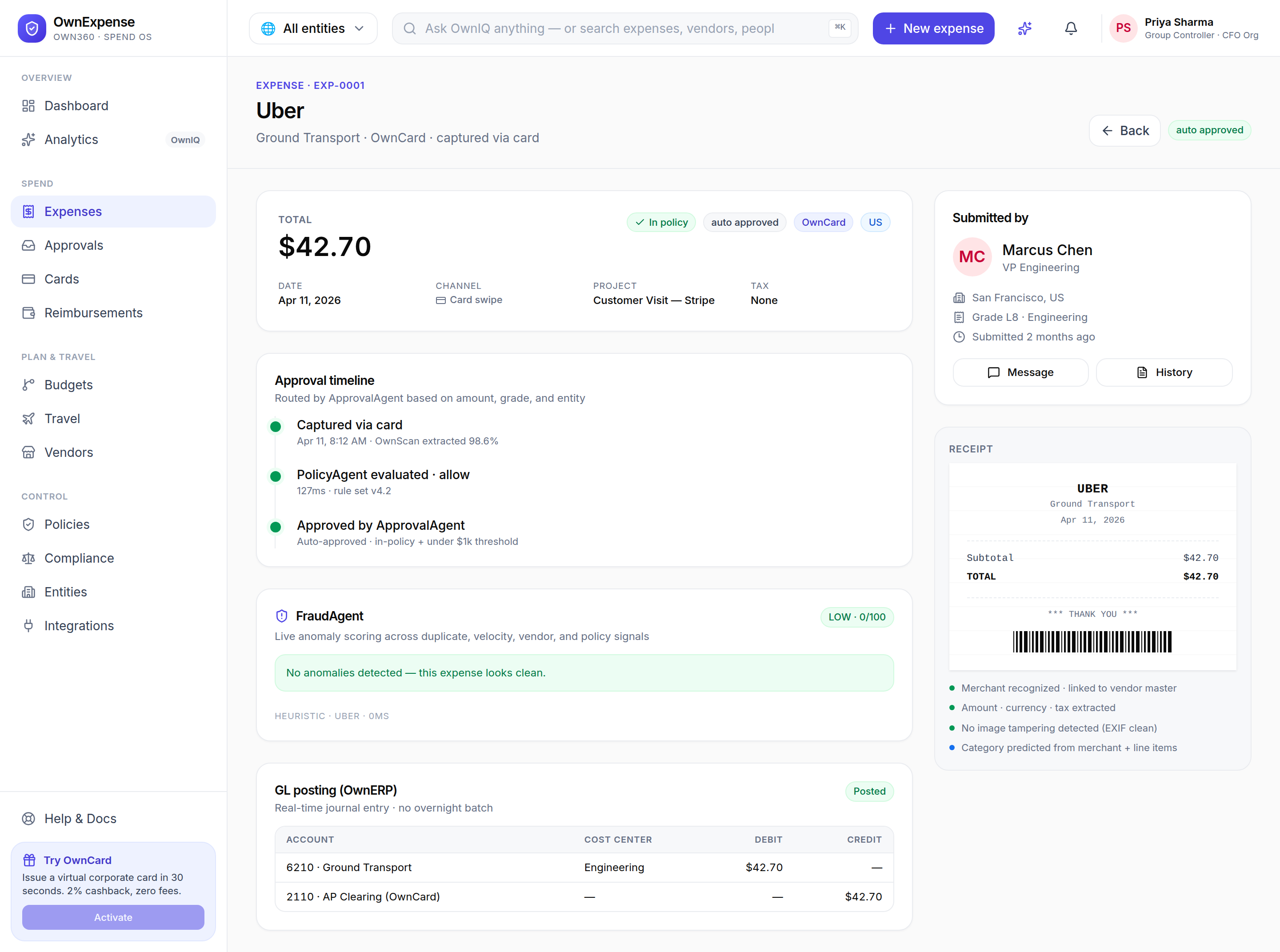 An expense detail view: total with FX, policy badge, PolicyAgent reasoning, and Approve / Reject actions.