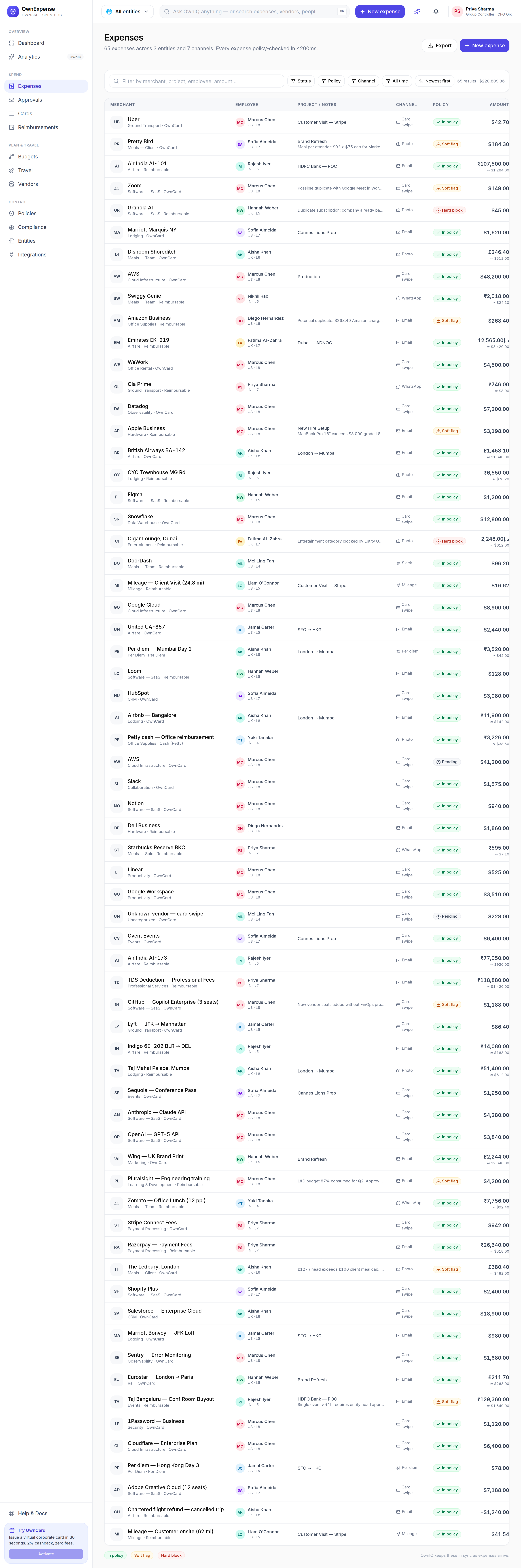 The Expenses list with search, Status / Policy / Channel / date filters, sort, Export, and the policy-coded table.
